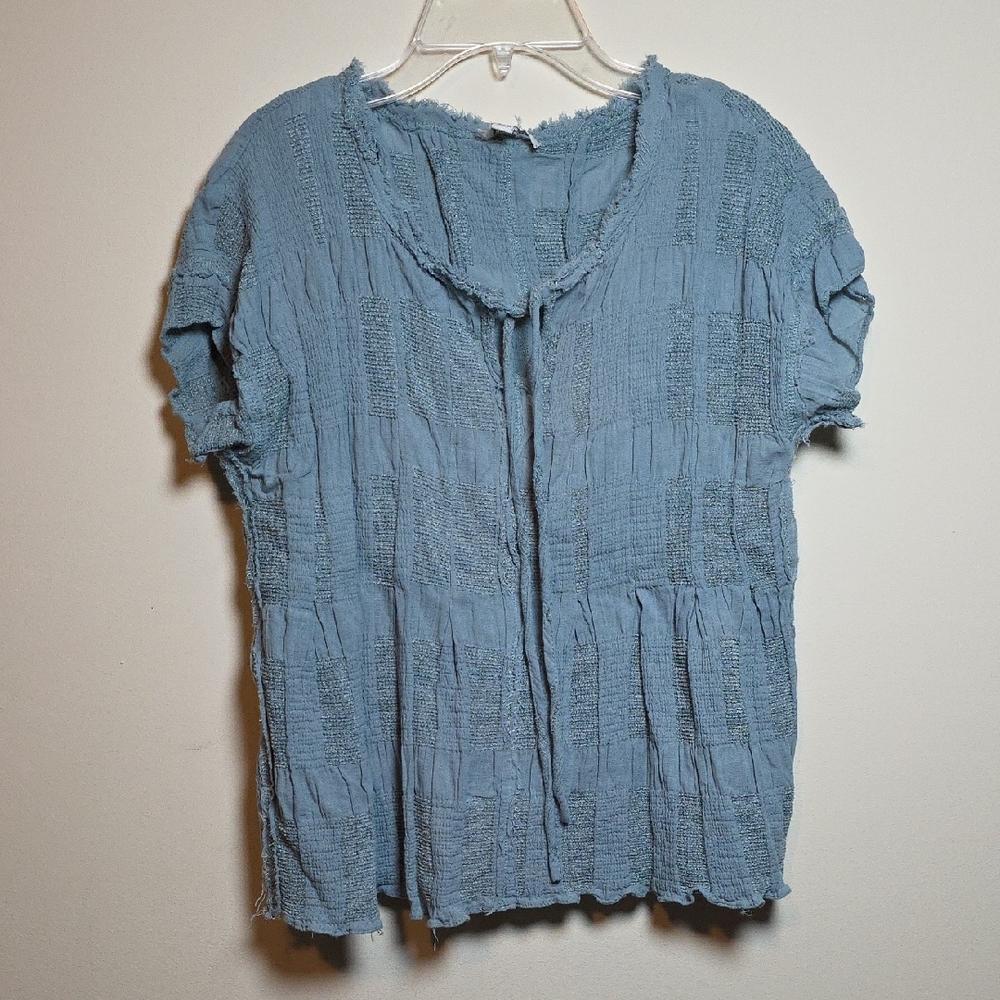 Umgee Blue Smocked Tie Front Blouse